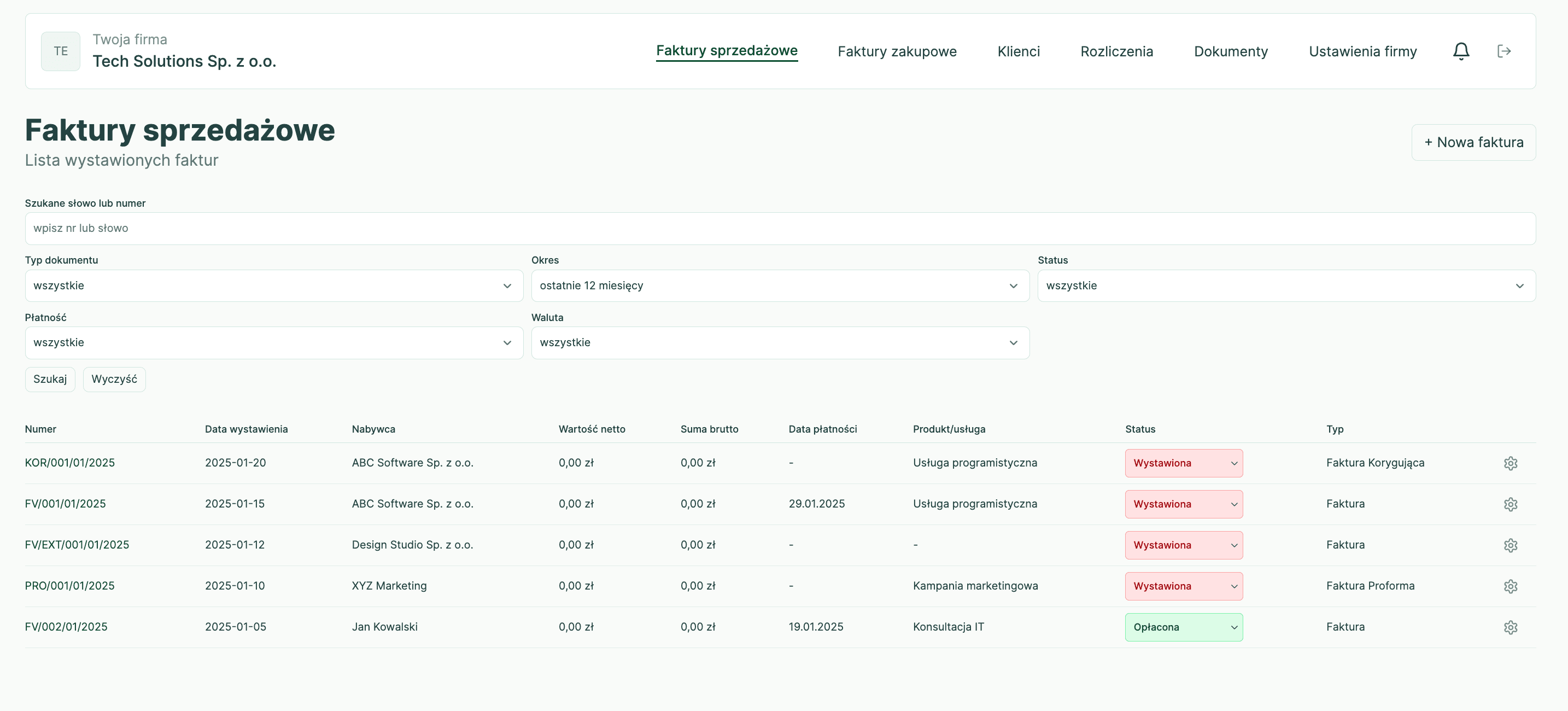 Dashboard: lista faktur sprzedażowych i terminy płatności