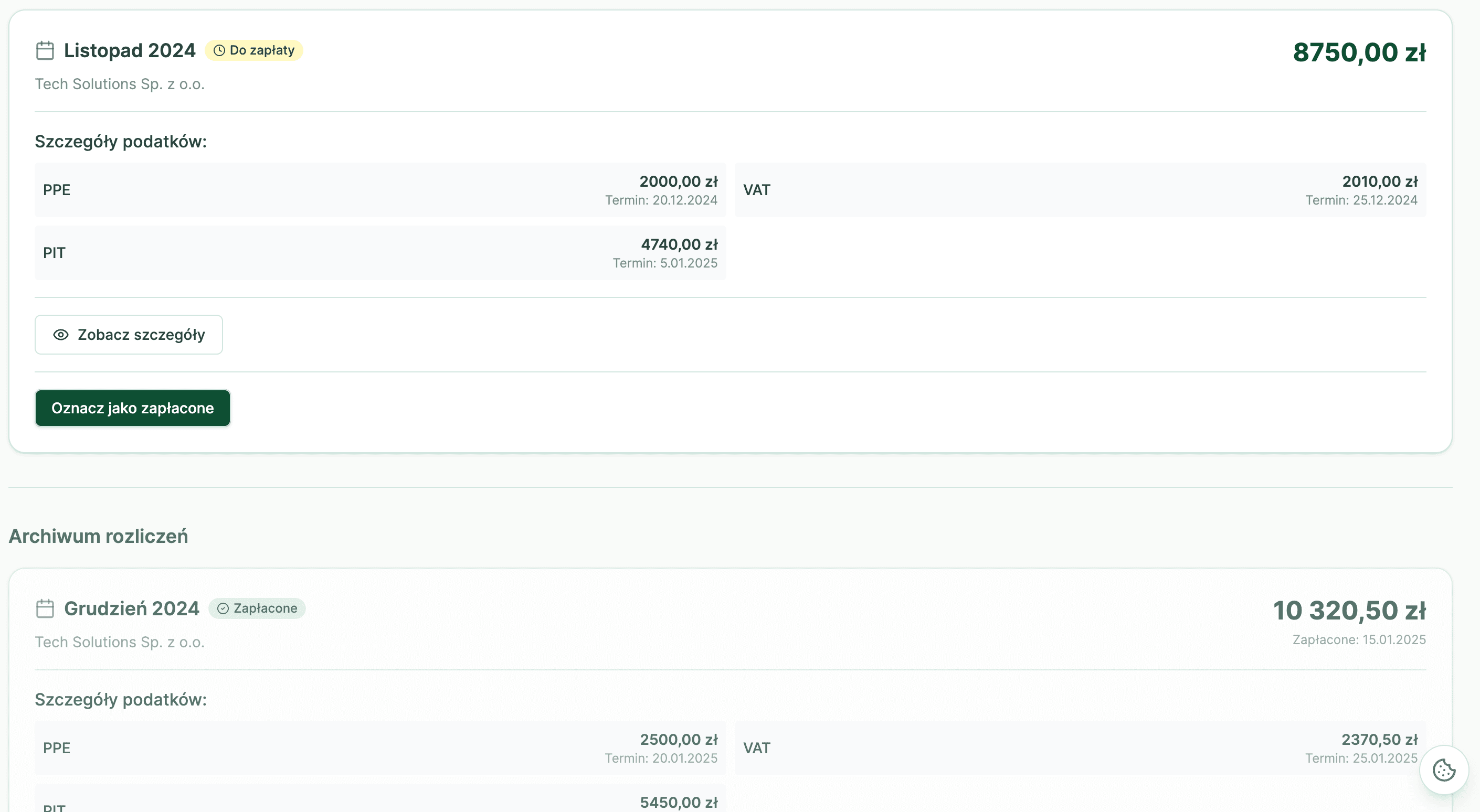 Finanse: lista rozliczeń miesięcznych z podatkami